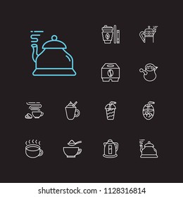 Cafe icons set. Takeaway tea and cafe icons with turkish coffee pot, electric kettle and sugar spoon. Set of aromatic for web app logo UI design.
