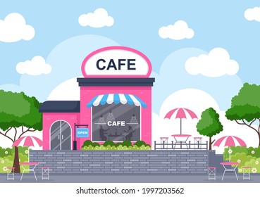 Cafe Illustration With Open Board, Tree, And Building Shop Exterior. Flat Design Concept