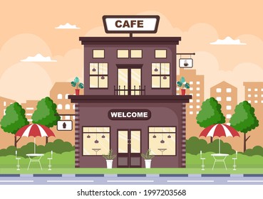 Cafe Illustration With Open Board, Tree, And Building Shop Exterior. Flat Design Concept