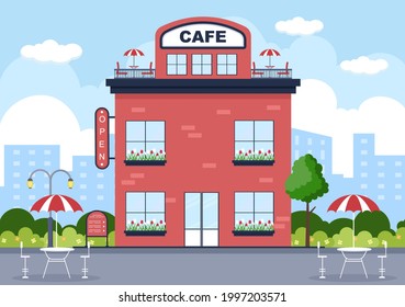 Cafe Illustration With Open Board, Tree, And Building Shop Exterior. Flat Design Concept