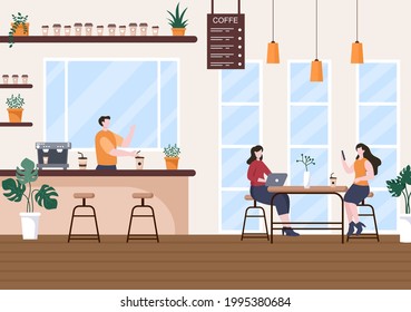 Cafe Illustration With View of People Sitting, Drinking Coffee, Working On Laptop, Chatting and Barista Standing At The Counter