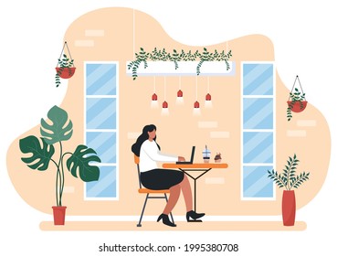 Cafe Illustration With View of People Sitting, Drinking Coffee, Working On Laptop, Chatting and Barista Standing At The Counter