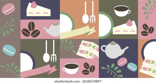 It is cafe image. Coffee, cake, macaroon and cutlery.