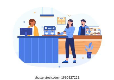 Cafe indoor interior with guest Public food take away fast food business. Client use automatic coffee machine and buy cake. Flat cartoon vector illustration concept design isolated on white background