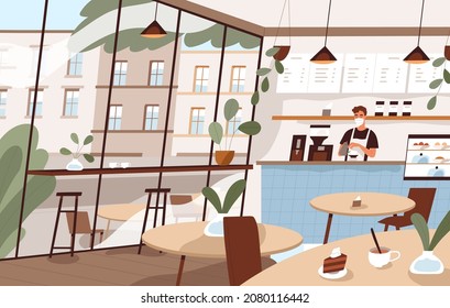 Cafe interior with barista at counter. Coffee shop with window, tables and chairs. Empty coffeehouse. Inside modern coffeeshop. Colored flat vector illustration of cozy city cafeteria with furniture