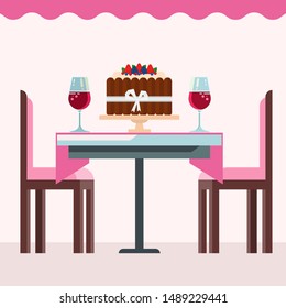 Cafe interior with birthday cake, glasses of wine in pink colors vector illustration. Coffee shop with pink table and chairs and chocolate birthday cake with berries. Flat or cartoon design.
