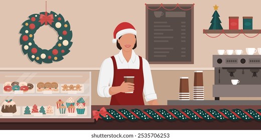 Cafe interior with Christmas ornaments and barista at work, she is holding a take away coffee and smiling