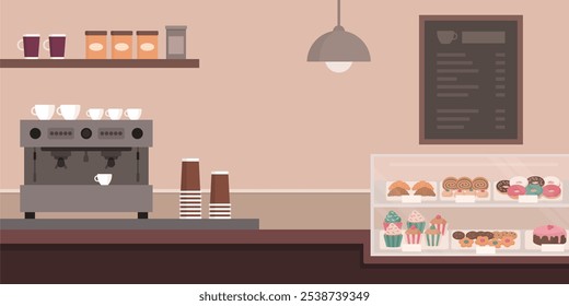 Cafe interior with coffee machine and sweets, food and drinks concept