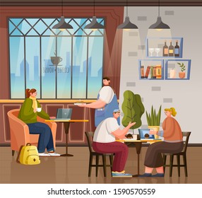Cafe interior, coffeehouse with customers drinking coffee and enjoying talk. Woman freelancer of student working on laptop in restaurant. People dining or having breakfast. Vector in flat style