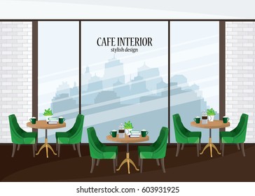Cafe interior design in green color with a big window. Flat style vector illustration.