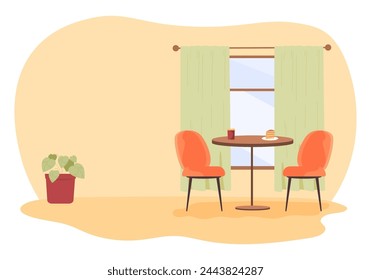Diseño de interiores de café. Mesa con café y postre y sillas cerca de la ventana con cortinas. Ilustración vectorial.  Hora del almuerzo, concepto de comer fuera de casa