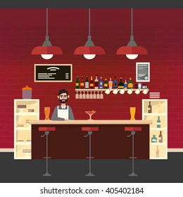 Cafe Interior. Different Beverages. Barman at Bar Table. Bistro, Restaurant, Coffee House. Vector illustration