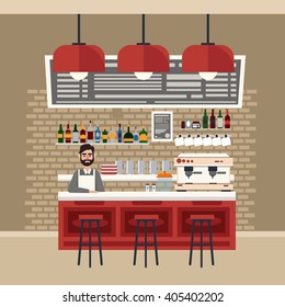 Cafe Interior. Different Beverages. Barman at Bar Table. European Bistro, Restaurant, Coffee House. Vector illustration