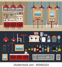Cafe Interior. Different Beverages. Barman at Bar Table. Bistro, Restaurant, Coffee House. Vector illustration