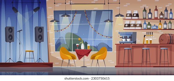 Cafe interior empty no people restaurant flat cartoon vector illustration. Table and seats, music scene and bar stand, lounge zone and shelves with alcohol drinks