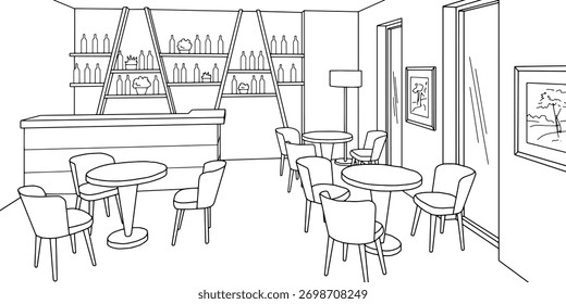 Vector de ilustración de boceto blanco negro gráfico interior de cafetería 