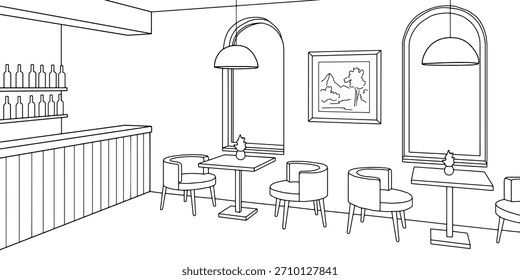 Vector de ilustración de boceto blanco negro gráfico interior de cafetería 