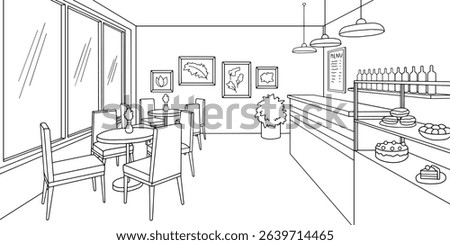 Cafe interior graphic black white sketch illustration vector 