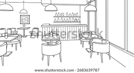 Cafe interior graphic black white sketch illustration vector 