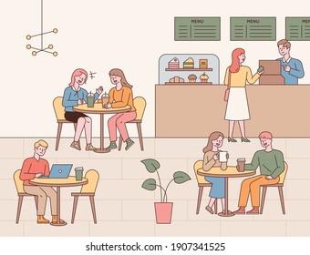 Cafe interior interior and guests. People at the table are drinking coffee, chatting with friends, and someone ordering coffee at the cashier. flat design style minimal vector illustration.