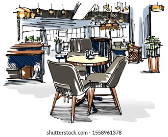 Cafe Interior - Hand Drawn Sketch