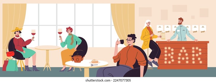 Cafe interior with happy visitors. People sitting at tables in restaurant. Woman orders beer. Business lunch time. Friend with wine glasses. Man drinks tea. Vector