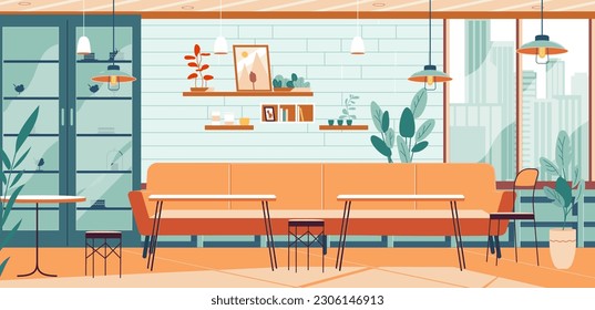 Cafe interior inside. Empty restaurant, nobody cafeteria or coffee shop house, bistro bar furniture lounge loft interiors windows and wall, canteen vector illustration of nobody interior restaurant