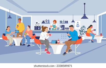 Cafe interior man and woman Dinning and Working in modern Coffehouse. Barista and customer in coffee shop Coworking Loft Office