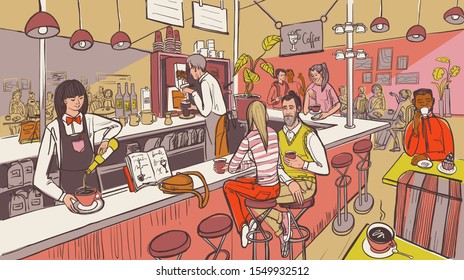 Cafe interior and people. Barista and friends talking at the bar. Vector illustration in sketch color style.