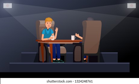Cafe interior with people enjoying time. Friends are sitting at a table in cafe flat vector illustration