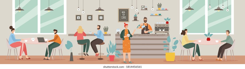 Cafe interior with people sitting at tables and barista serving coffee at counter. Cartoon banner of restaurant room full of customers, vector illustration.