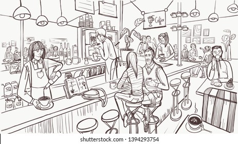 Cafe Interior And People In Sketch Style. Modern Cafe Concept. Vector Illustration.