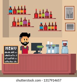 Interior de cafetería. Imagen de Pixel. Gráfico de computadoras de la vieja escuela. videojuego de 8 bits. Activos de juego de 8 bits.