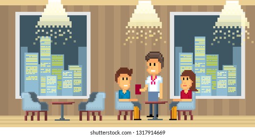 Cafe interior. Pixel art. Old school computer graphic. 8 bit video game. Game assets 8-bit.