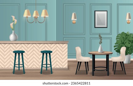Composición de café interior realista con mobiliario de restaurante ilustración vectorial
