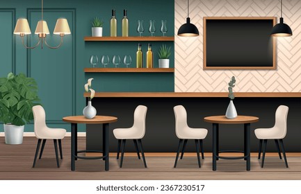 Cafe interior realistic composition with restaurant furniture vector illustration