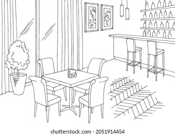 Cafe interior restaurant bar graphic black white sketch illustration vector 