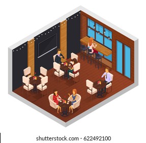 Cafe interior restaurant pizzeria bistro canteen isometric composition with window tv set tables and visitor characters vector illustration