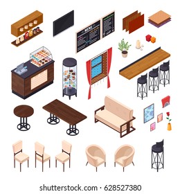 Cafe interior restaurant pizzeria bistro canteen isometric elements set of isolated furniture and shop display images vector illustration