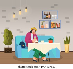 Cafe interior or restaurant, young woman sitting at table eating, have lunch or dinner, stylish girl in hat drink juice, eating cupcake, sit relaxing resting at soft armchair holding drink, student