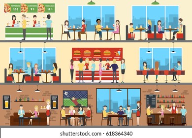 Cafe interior set. Pizza, fast food and sport bar.