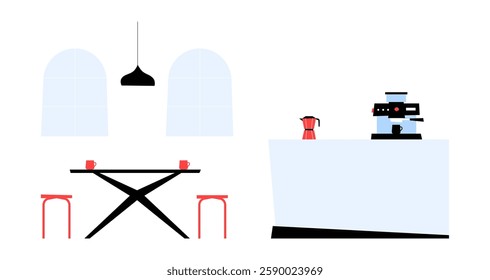 Cafe Interior With Table And Coffee Machine In Flat Vector Illustration Symbolizing Hospitality, Relaxation, And Coffee Culture, Isolated On White Background