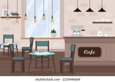 cafe interior with tables, coffee machine, window and bar counter