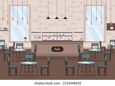 cafe interior with tables, coffee machine, window and bar counter