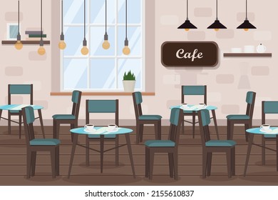 cafe interior with tables, coffee machine, window and bar counter