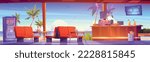 Cafe interior with tropical beach seaview with palms through wide windows. Fast food bistro with tables, seats, beer taps, potted plants, electronic display and menu, Cartoon vector illustration