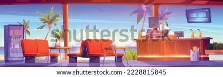 Cafe interior with tropical beach seaview with palms through wide windows. Fast food bistro with tables, seats, beer taps, potted plants, electronic display and menu, Cartoon vector illustration