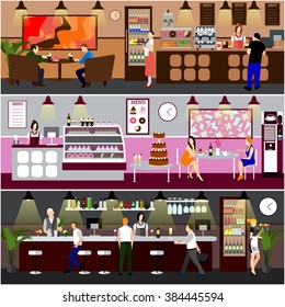 Cafe interior vector illustration. Design of coffee shop, bakery, restaurant and bar. People in cafe cartoon in flat style. Horizontal banners.