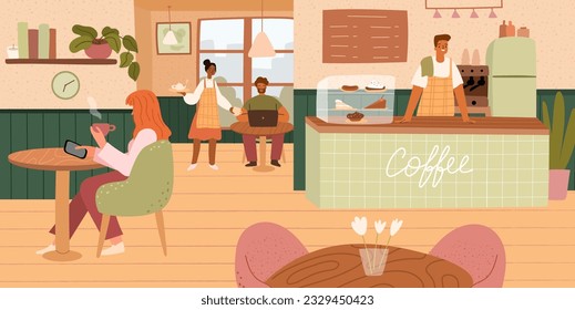 Cafe interior with visitors. Men and women eating and drinking vector cartoon flat concept. People in coffee house interior, friends sitting at table in restaurant, bar counter, waiter and customers