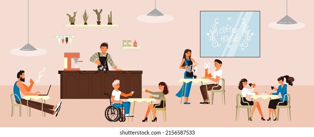 Cafe interior with visitors, waitres and barista at counter. Coffee shop with window display, tables and chairs. Inside cozy city cafeteria or coffeehouse. Flat Art Vector illustration.